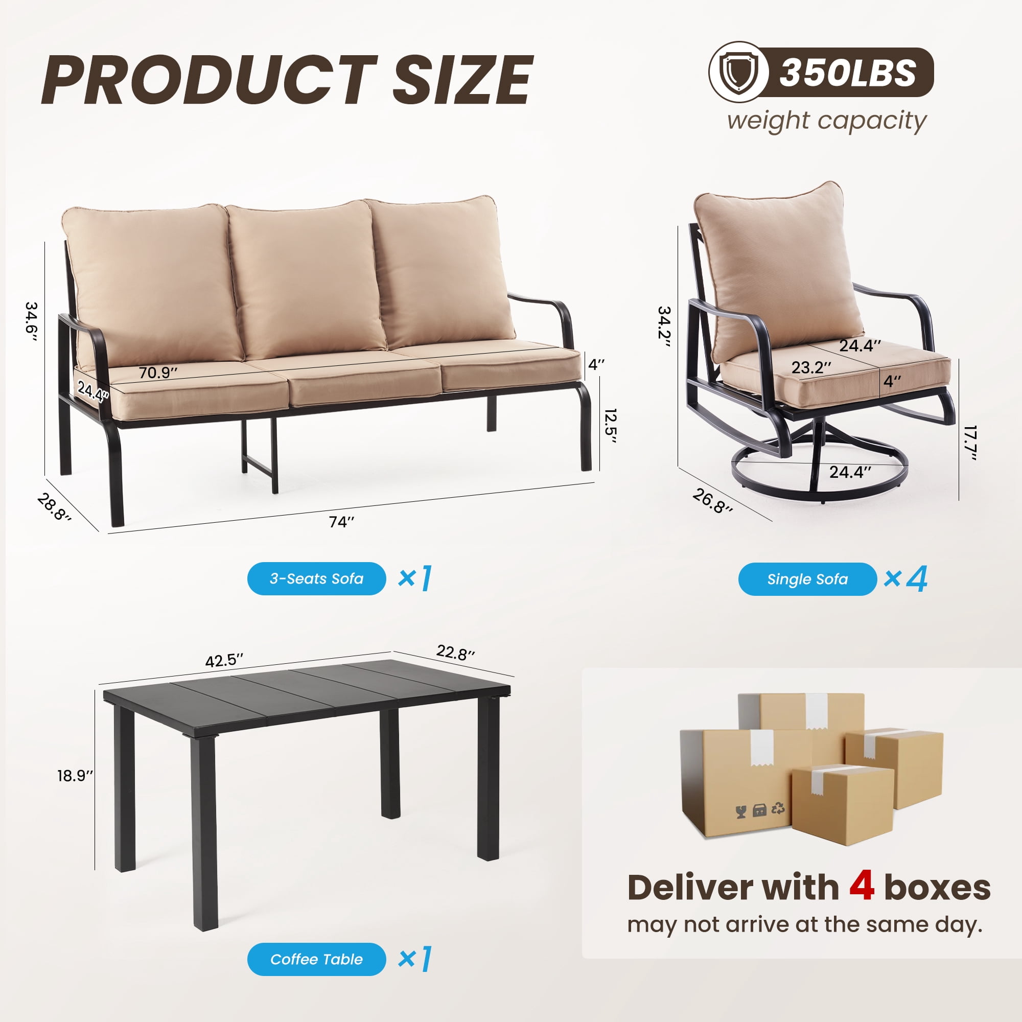 MAYEERTY 6-Piece Metal Frame Outdoor Patio Set with Swivel Chairs, Three-Seater Sofa, and Coffee Table