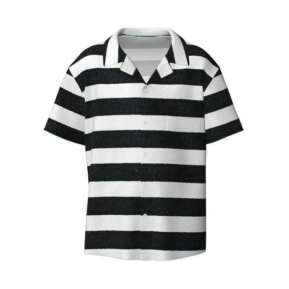 Ratiio Black And White Stripes Print Mens Casual Short Sleeve Shirts Button Down Textured Shirts Summer Beach Shirt with Pocket Men's Casual Short-sleeved Shirt