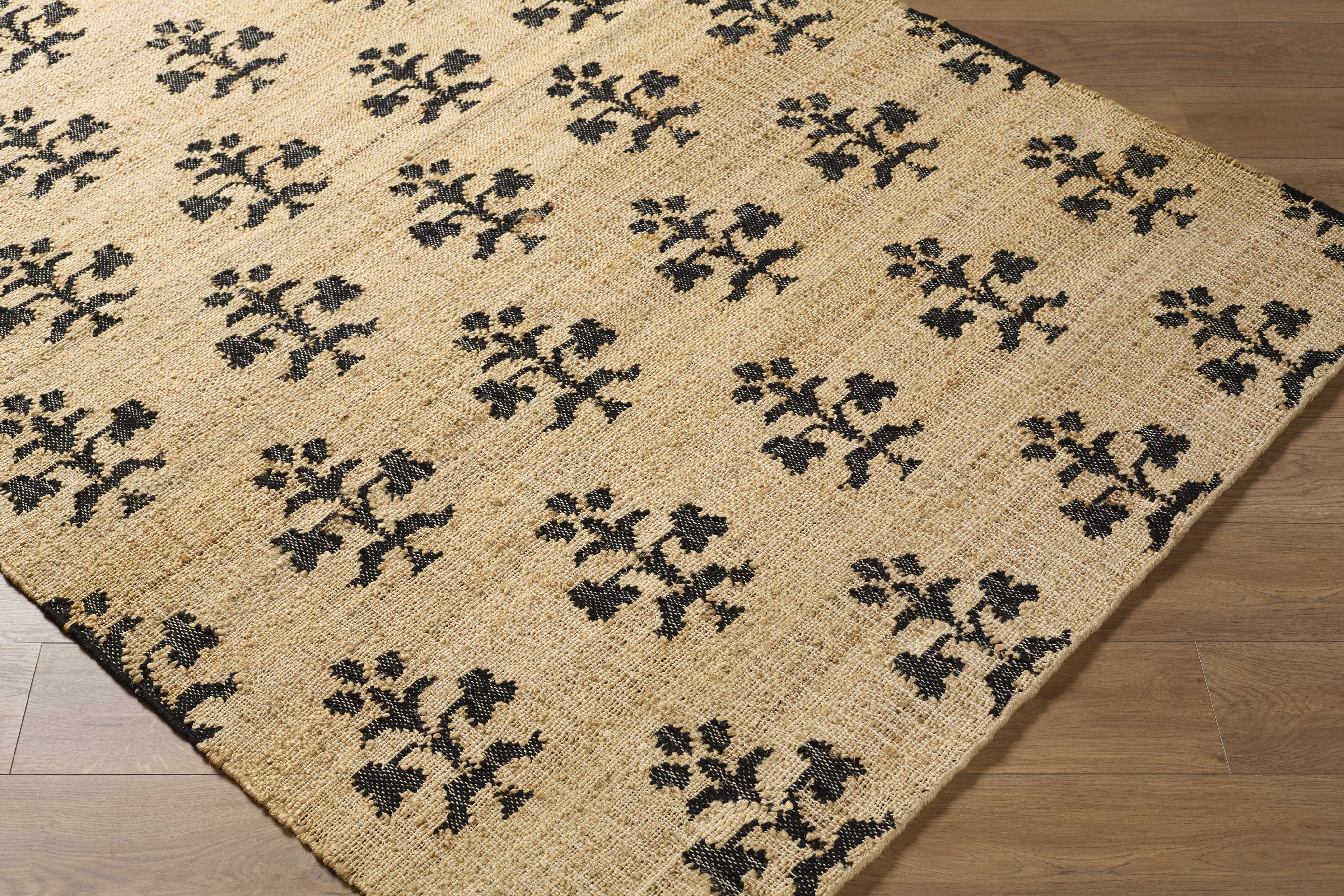 Hauteloom Albina Boho Hand Woven Wool and Jute Blend Natural Fiber Soft Area Rug - Traditional Floral Carpet for Living Room, Bedroom, Dining Room - Natural, Black, Charcoal, Beige - 9' x 12'
