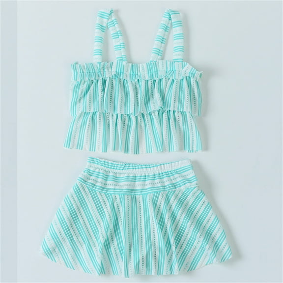 ylioge Kids Two Piece Swimsuits Tankini Tops Skorts Bathing Suits for Teen Girls Cute Stripe Printed Quick-Dry Beach Swimwear Sets 4-8 Years