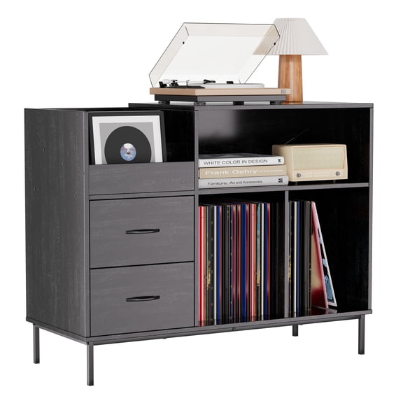 Record Player Stand with Built-In Power Outlet and USB Ports, Flip-Down Dust Cover, Storage for 300  Vinyl Records, Turntable Table with 2 Drawers, Black Wood Grain Media Console, 27.6 Inch Height