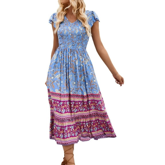 Boho Dresses for Women, Women's Summer Casual Dress Floral Print V Neck Waist Dress Casual Dress Outfits for Women
