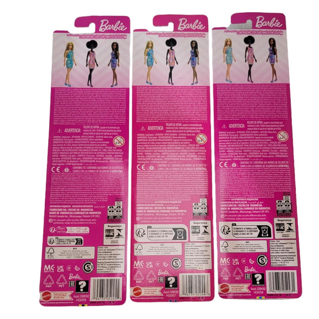 Barbie Fabulous Dolls with Signature on Dress in Blue, Purple, and Pink (Bundle of 3)