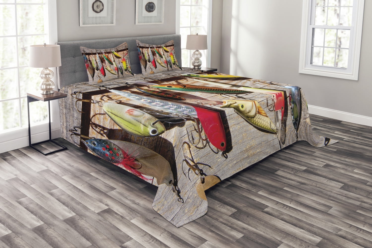Fish Bedspread Set Queen Size, Bait Pattern on Rustic Boards Fishing