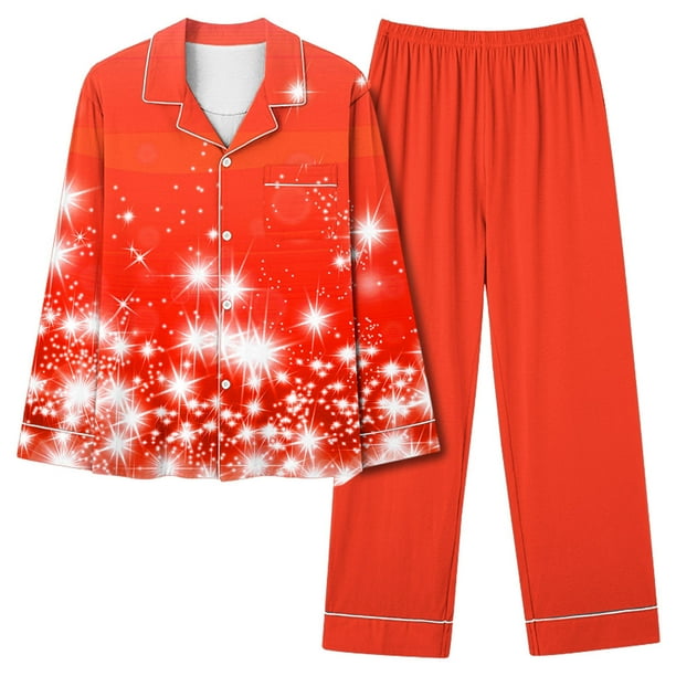 Puntoco Conjunto De Pijama De Pantalones Y tops Casuales De Manga Larga Con Estampado Navideño Para Mujer (1 top + 1 Pantalón) Conjunto De Solapa De Manga Larga Rojo L