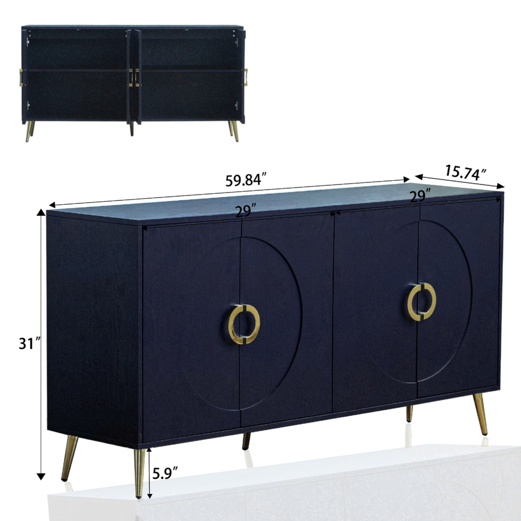 Noble House 59.8" Modern Lacquered Sideboard, Buffet Storage Cabinet with Adjustable Shelves, Navy Blue
