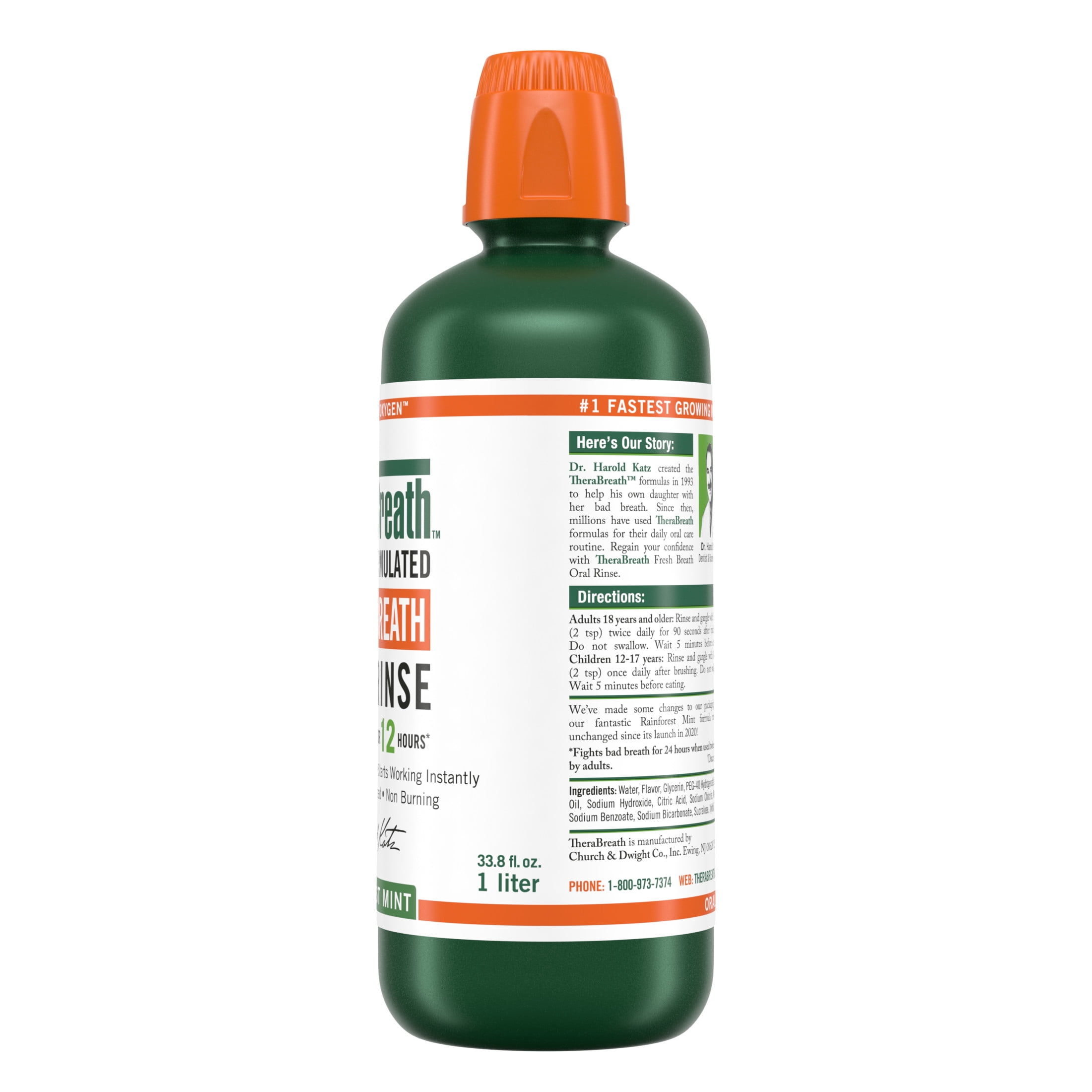 TheraBreath Fresh Breath Mouthwash, Rainforest Mint, Alcohol-Free, 33.8 oz/1 L
