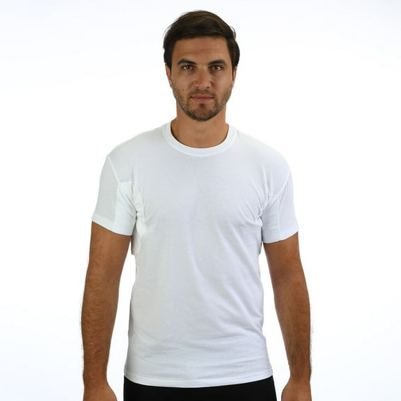 Men's 100% Cotton Undershirt Regular Fit, Crew Neck with Sewn-In, Absorbent, Waterproof Underarm Shields