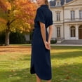 thumbnail image 6 of Vivianyo HD Women's Collar Full Button Belted Shirt Midi Dress, Solid Short Sleeve Self Tie Waist Split Hem Dresses for Women Summer Beach, Women's Navy, Sizes S-3XL, 6 of 8