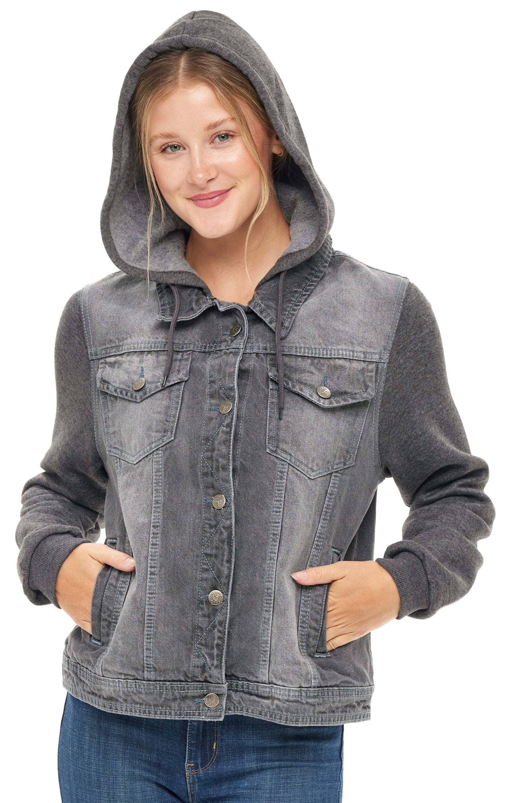 SKYLINEWEARS Women Hooded Denim Jacket Long Sleeve Layered Drawstring