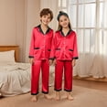 thumbnail image 5 of Holzkary Christmas Matching Family Satin Pajama Set,Contrast Trim Lapel Button Down Long Sleeve Top & Long Pants Jammies Set,2-Piece Soft Loungewear Family Xmas Holiday Nightwear Red 160, 5 of 5
