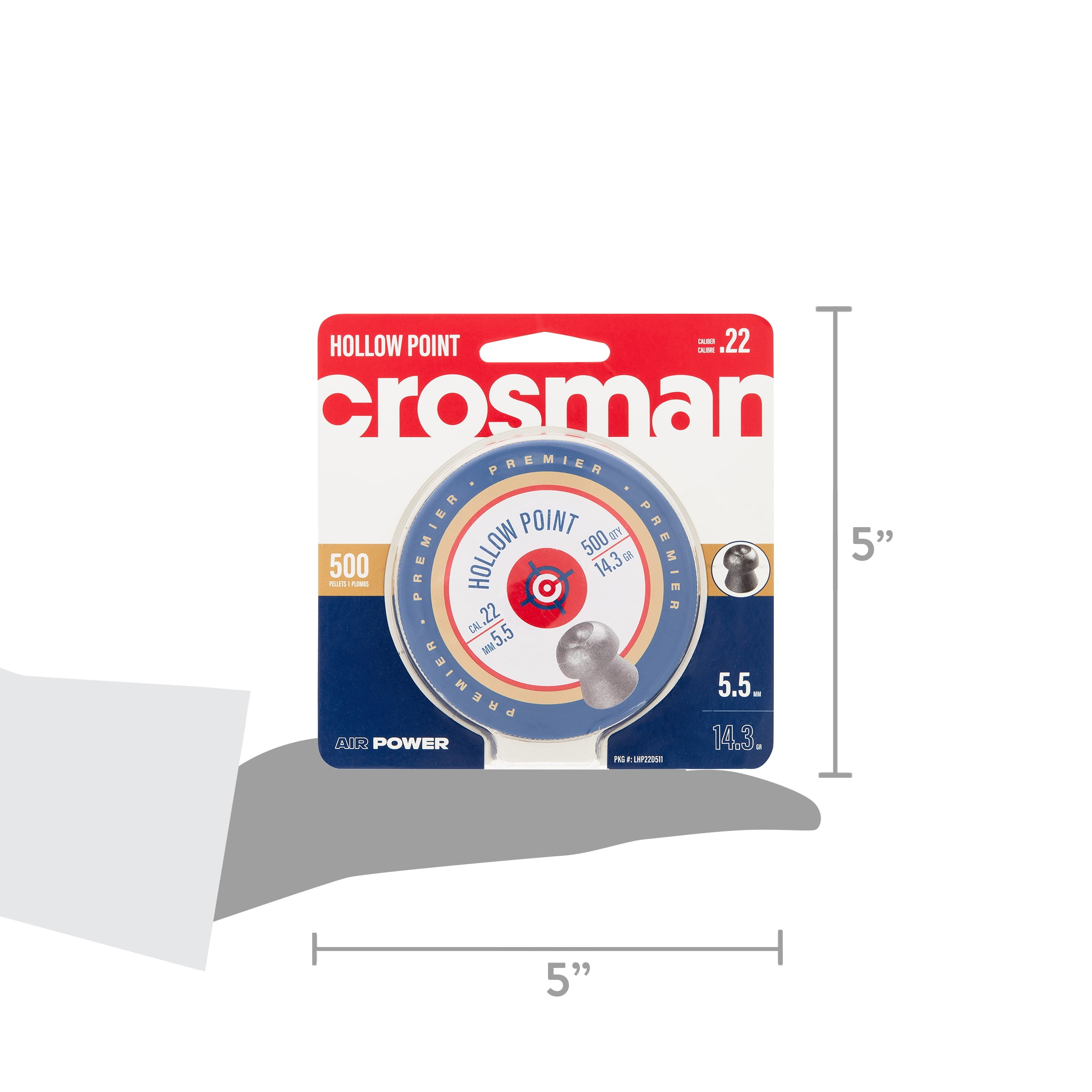 Crosman Premier Hollow Point Pellets, .22 Cal., 14.3 Gr., 500ct, LHP22, Pellet Gun Ammunition, for CO2 Powered or Break Barrel Models