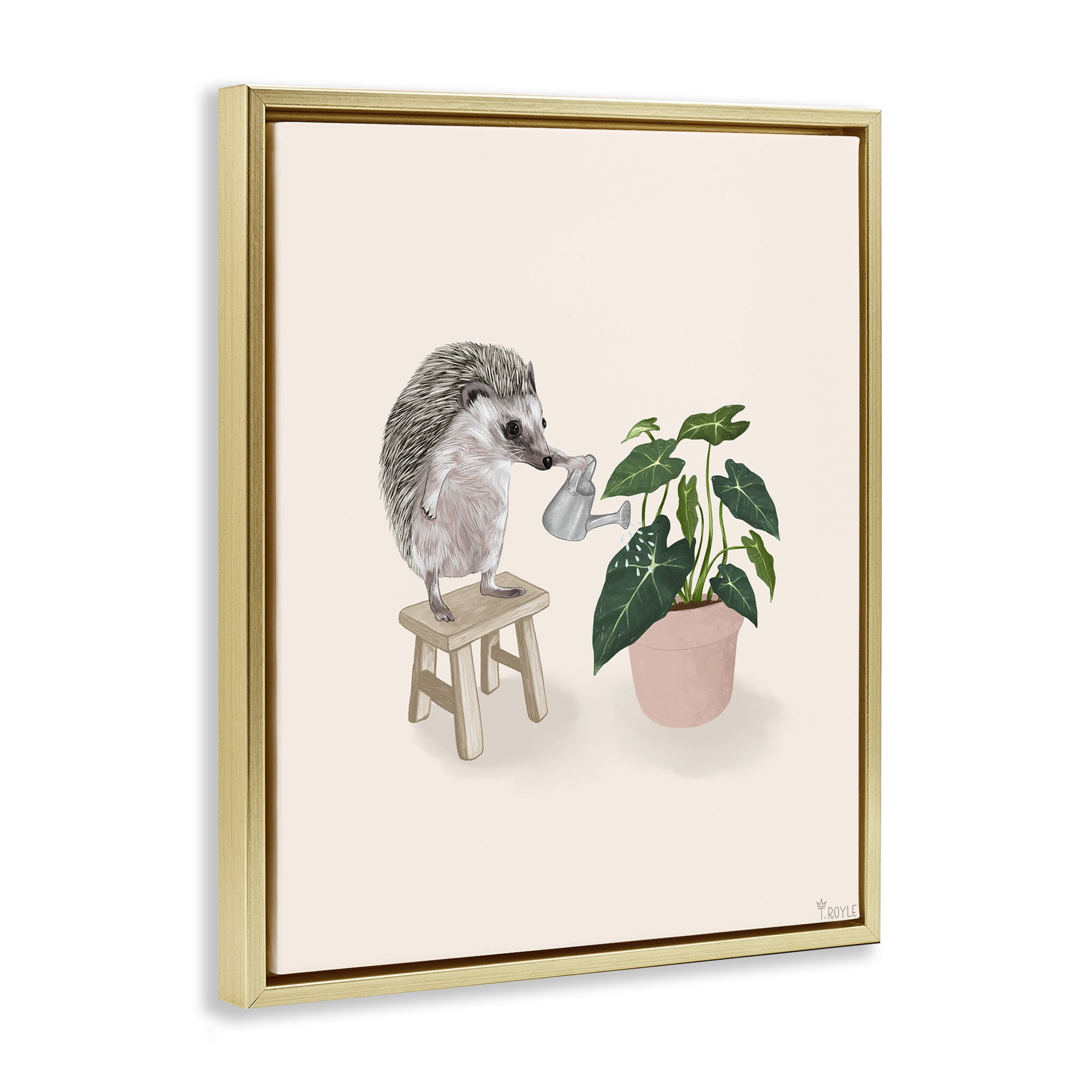 Stupell Industries Hedgehog Watering Plant Animals & Insects Painting Gold Floater Framed Canvas Art Print Wall Art, 17 x 21