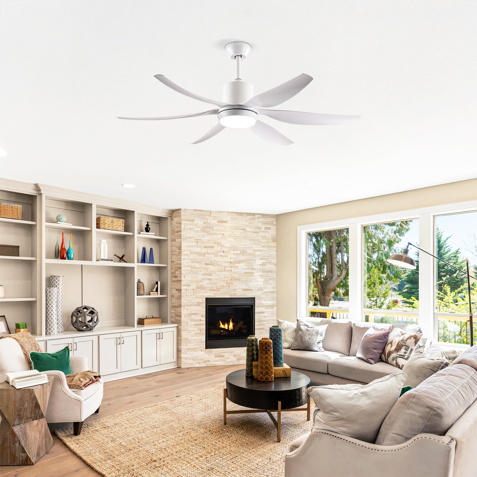 Eowynic 56-Inch Modern Ceiling Fans with Lights, Remote Control, DC Motor, 6-Blade, 6-Speed, Dimmable Led, White