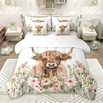 Feelyou Highland Cattle Kids Bedding Comforter Set 7 Pieces, Pink Groovy Floral Full Bedding Set, Rustic Farmhouse Theme Reversible Fitted Sheet Flat Sheet, Super Cozy Room Decor