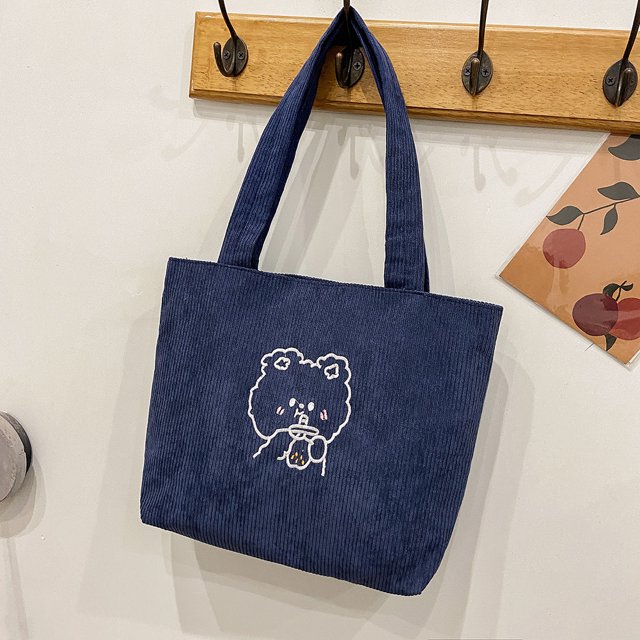 Bolso De Hombro Bolso de hombro de pana para mujer Bolsos de compras de oso de dibujos animados Totes (Azul)
