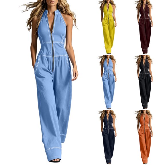 PBFRDSJ Women's Halter Neck Front Zip Jumpsuit Spaghetti Strap Wide Leg Casual Jumpsuits with Pockets Sizes S-2XL