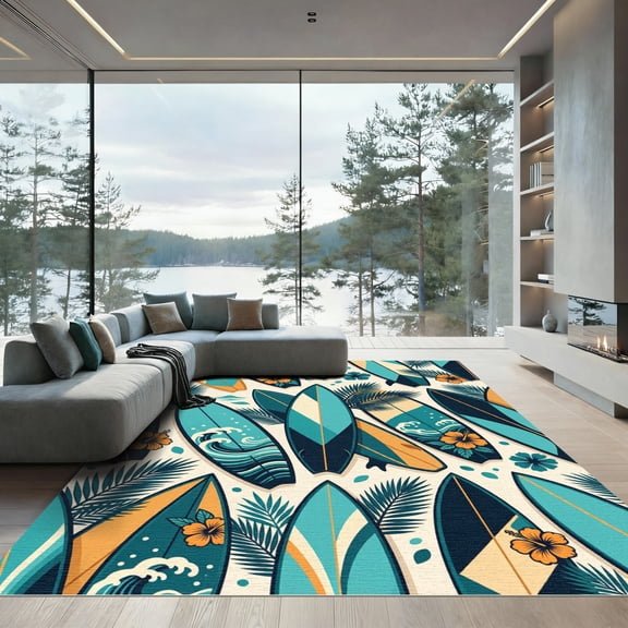 ODIKA 4'x6' Machine Washable Non-Slip Area Rug, Beachy Teal High Traffic Rug, Blue, 1009218