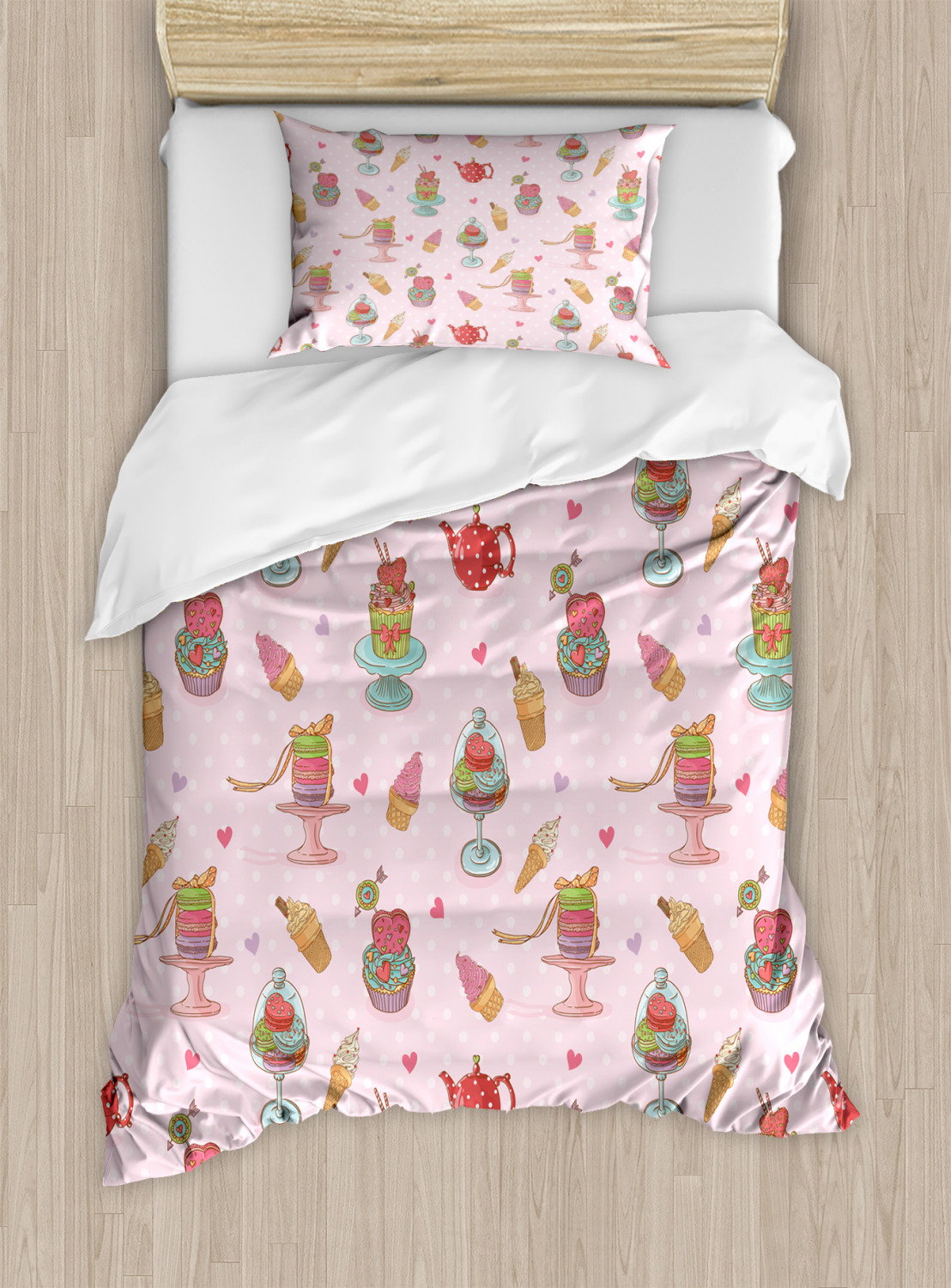 Ice Cream Duvet Cover Set Twin Size, Retro Style Cupcakes Teapots Candies Cookies on Polka Dots