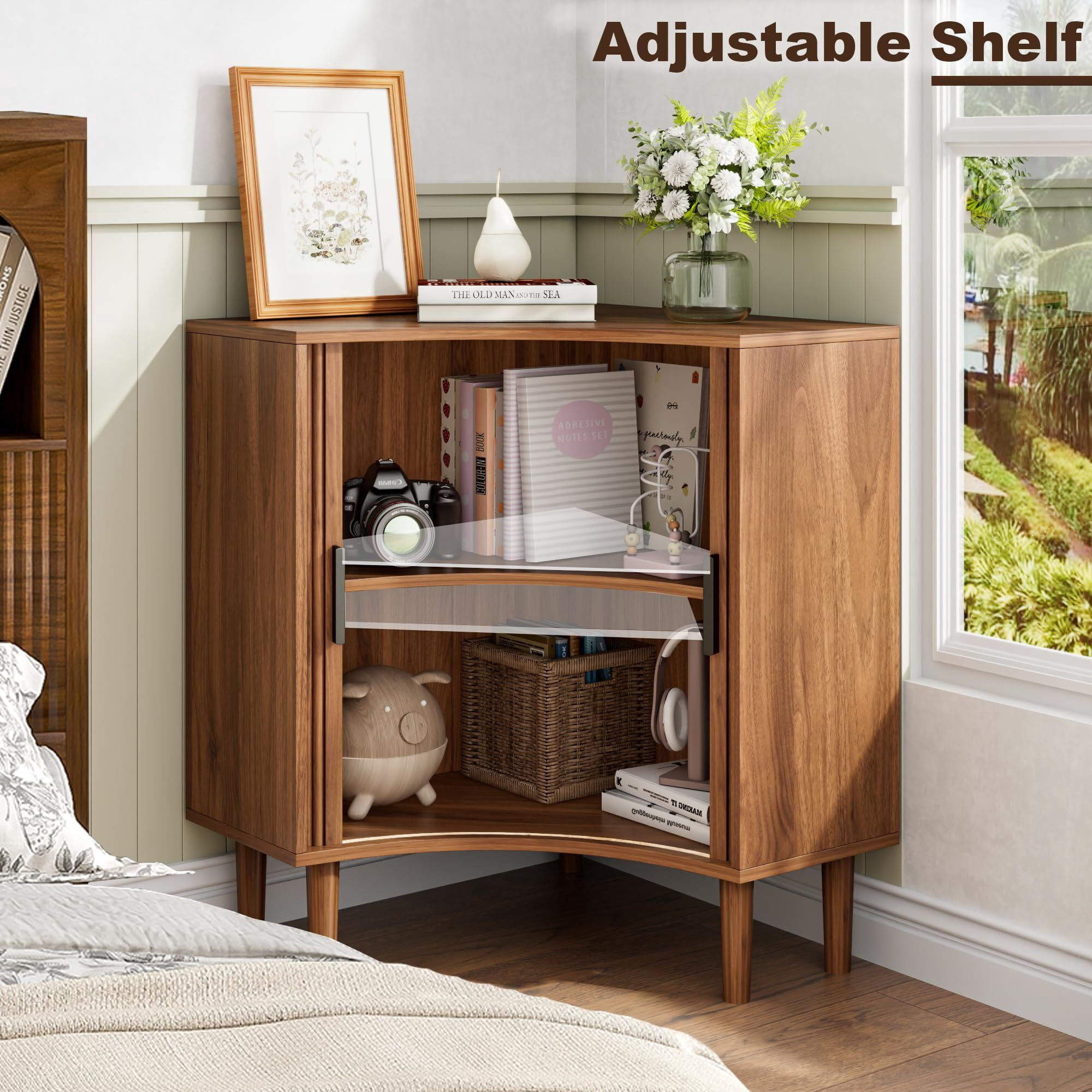 JEJEGORICH Fluted Corner Cabinet, Small Floor Storage with Sliding Doors & Adjustable Shelves, Modern Wooden Narrow Organizer, Walnut