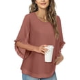 thumbnail image 4 of hotojiny Womens 3/4 Ruffle Sleeve Tops Solid Double Layer Chiffon Blouses Scoop Neck Flowy Tops Fashion Fall Shirt, 4 of 6