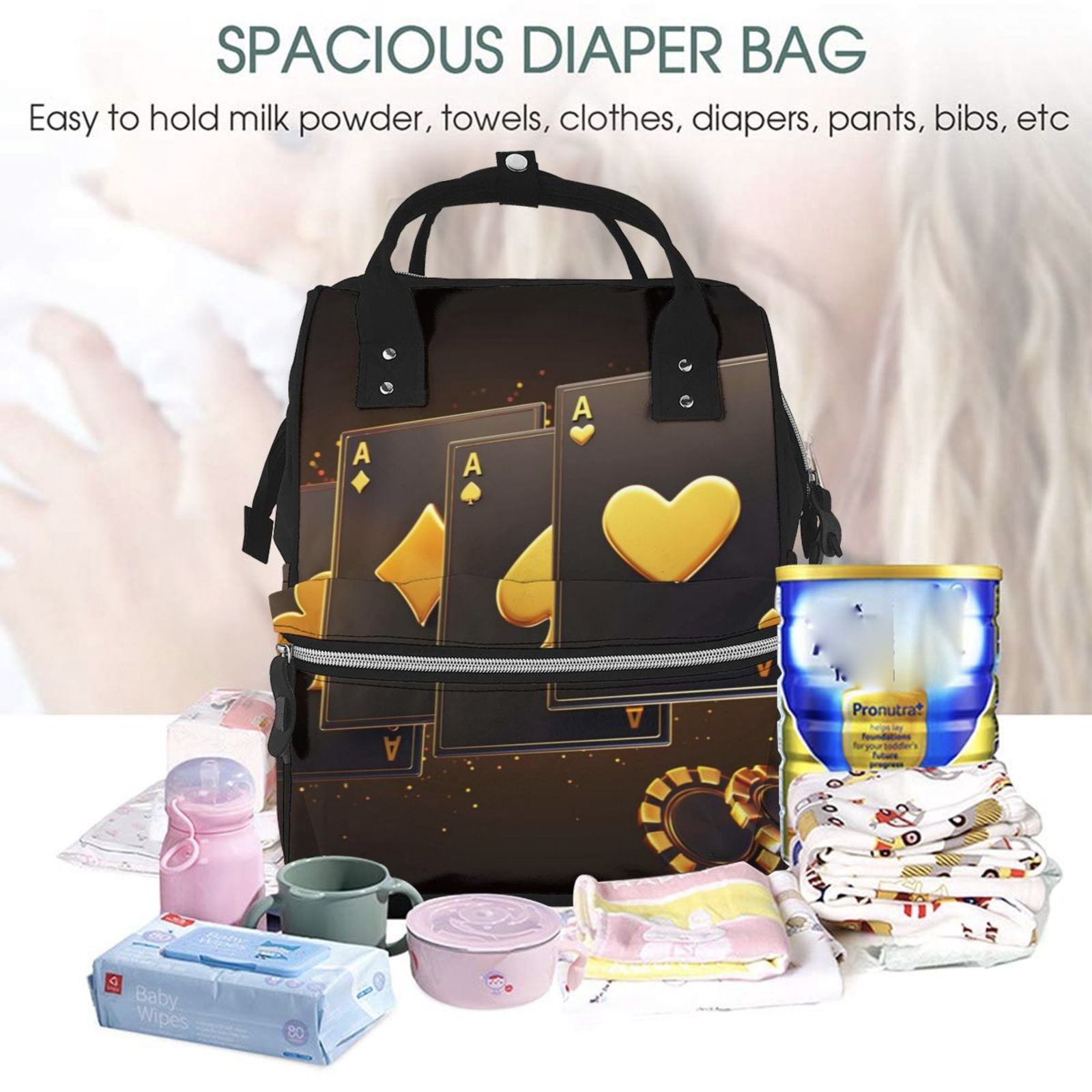 Ratiio Casino Playing Cards Mummy Backpack - Waterproof Twill Canvas, Large Capacity Diaper Bag with Multiple Pockets and Adjustable Straps