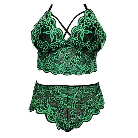 

HGWXX7 Plus Size Lingerie V Neck High Waist Floral Lace Criss Cross Bra And Panty 2 Piece Set No Underwire Lingerie Set