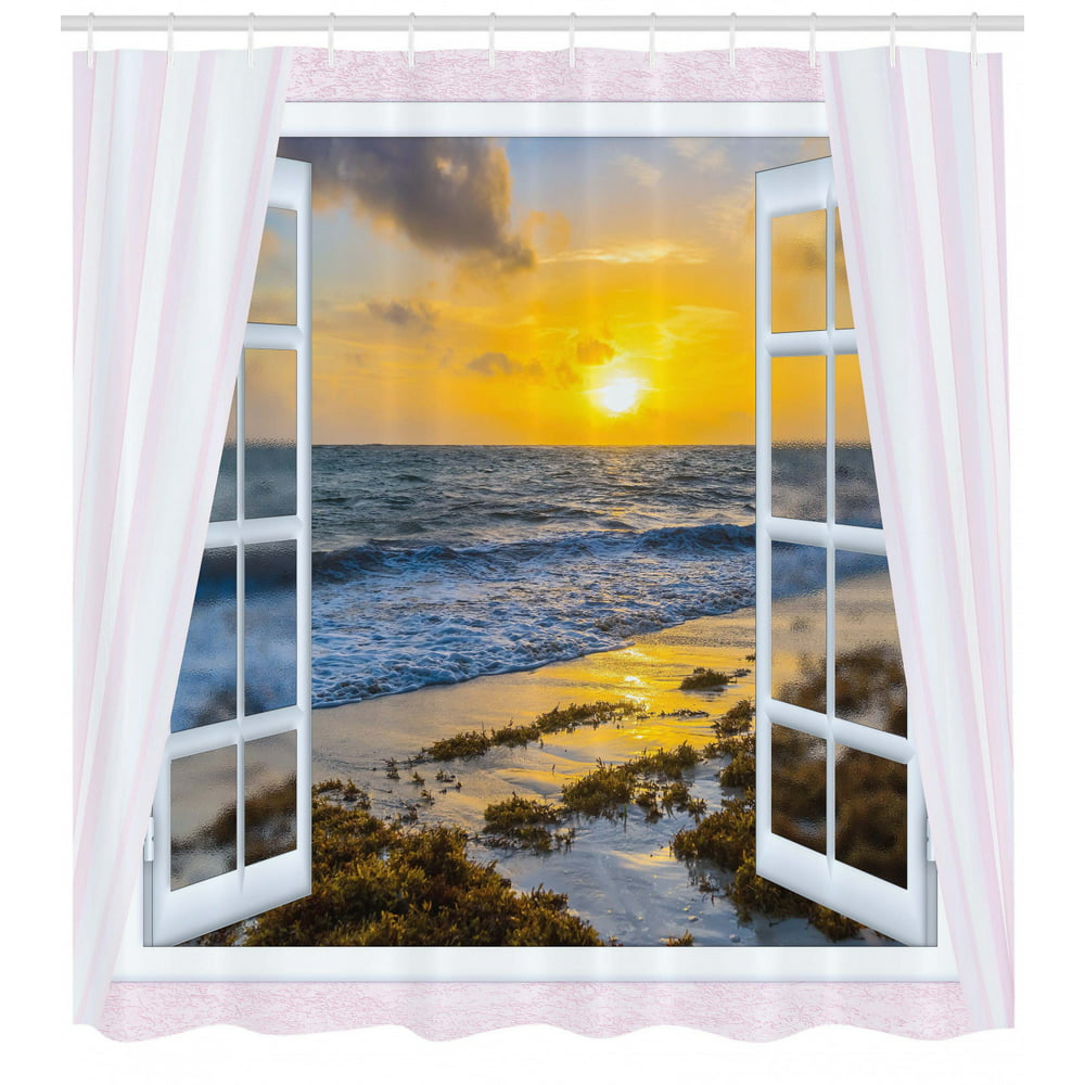 Coastal Shower Curtain, Open Window View of the Sky with Clouds Rising ... Open Window At Morning