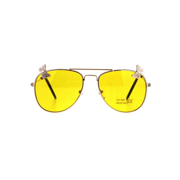 Children Girls Butterfly Emblem Jewel Metal Rim Pilots Sunglasses Yellow