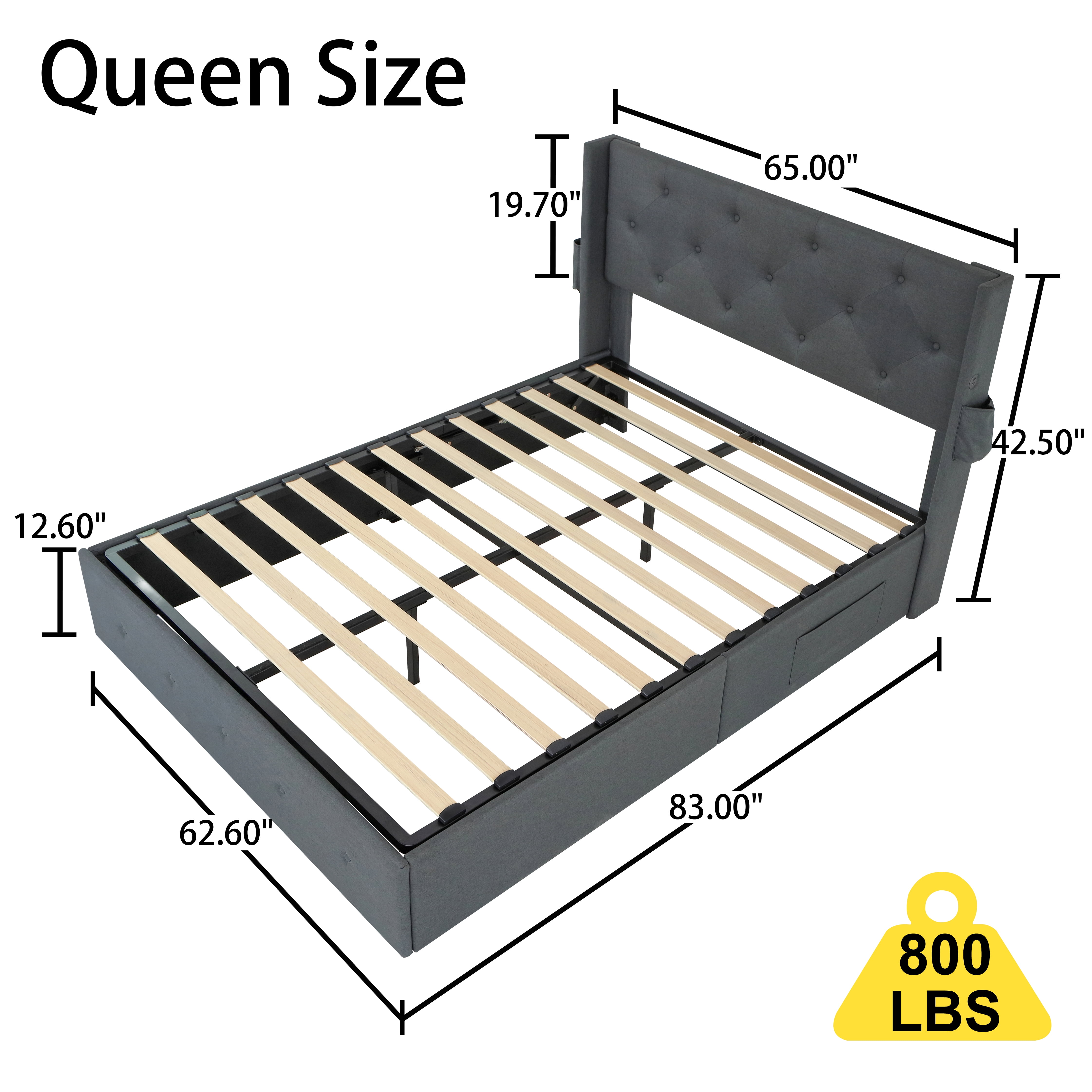 Lisonu Modern Queen Size Bed Frame with Storage, Wingback Headboard, USB Ports, Dark Gray Upholstered