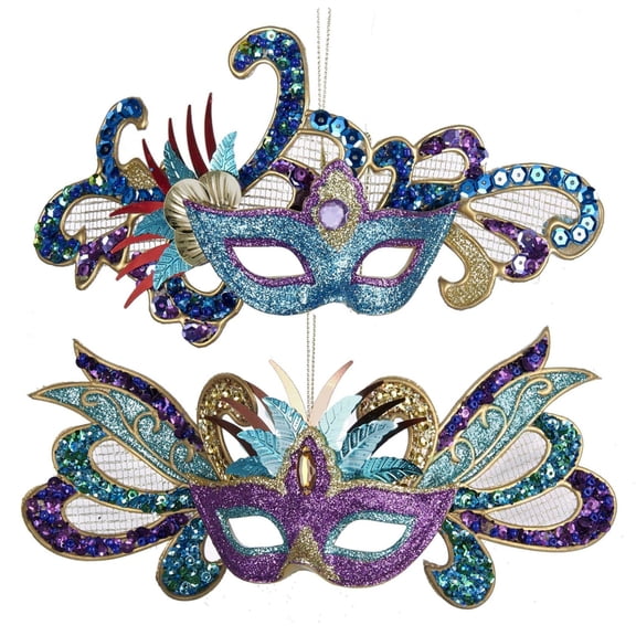 Kurt Adler Glittered/Sequined Carnival Mask Holiday Ornaments - Set of 2