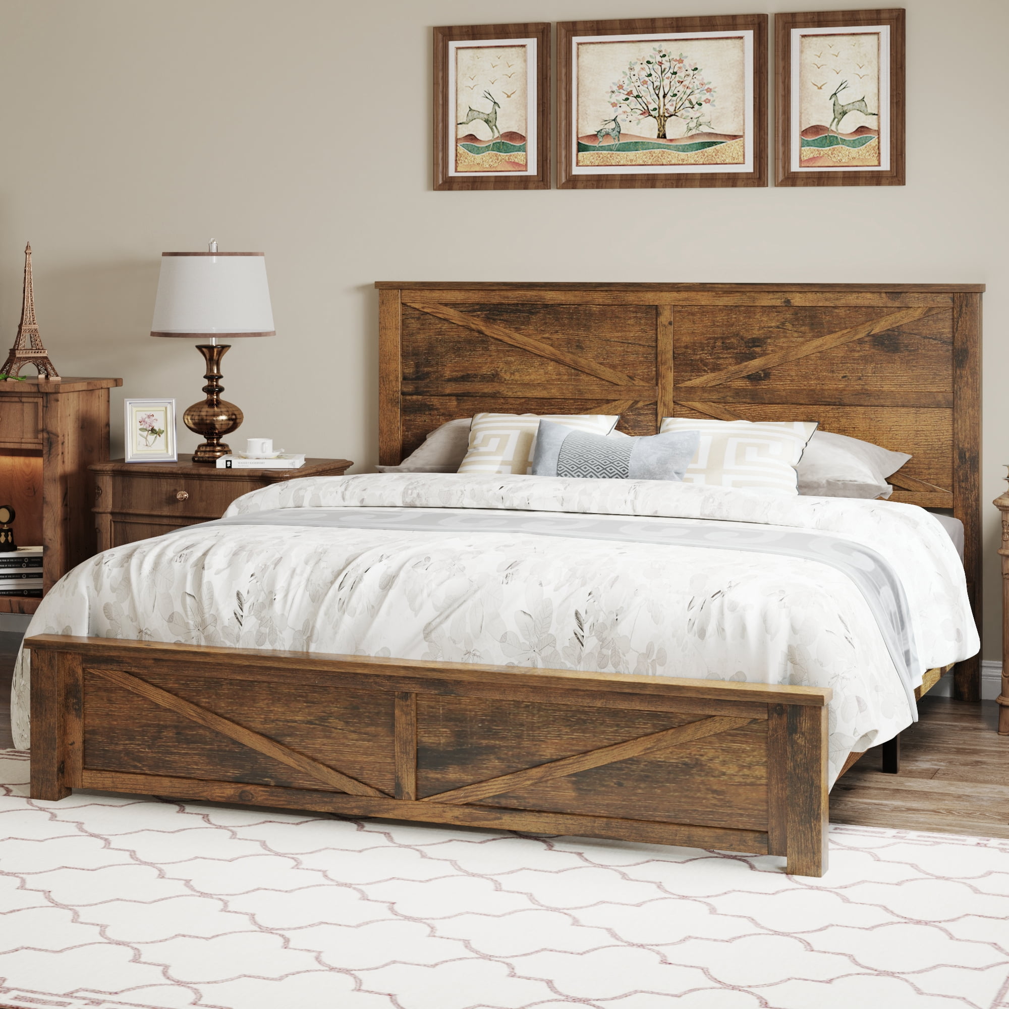 BSHTI King Bed Frame with Wooden Headboard, Country and Farmhouse Style, Brown