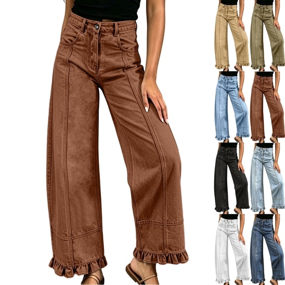 Sawvnm Womens Jeans Wide Leg High Waisted Straight Ruffle Hem Denim Pants with Pockets Brown XL