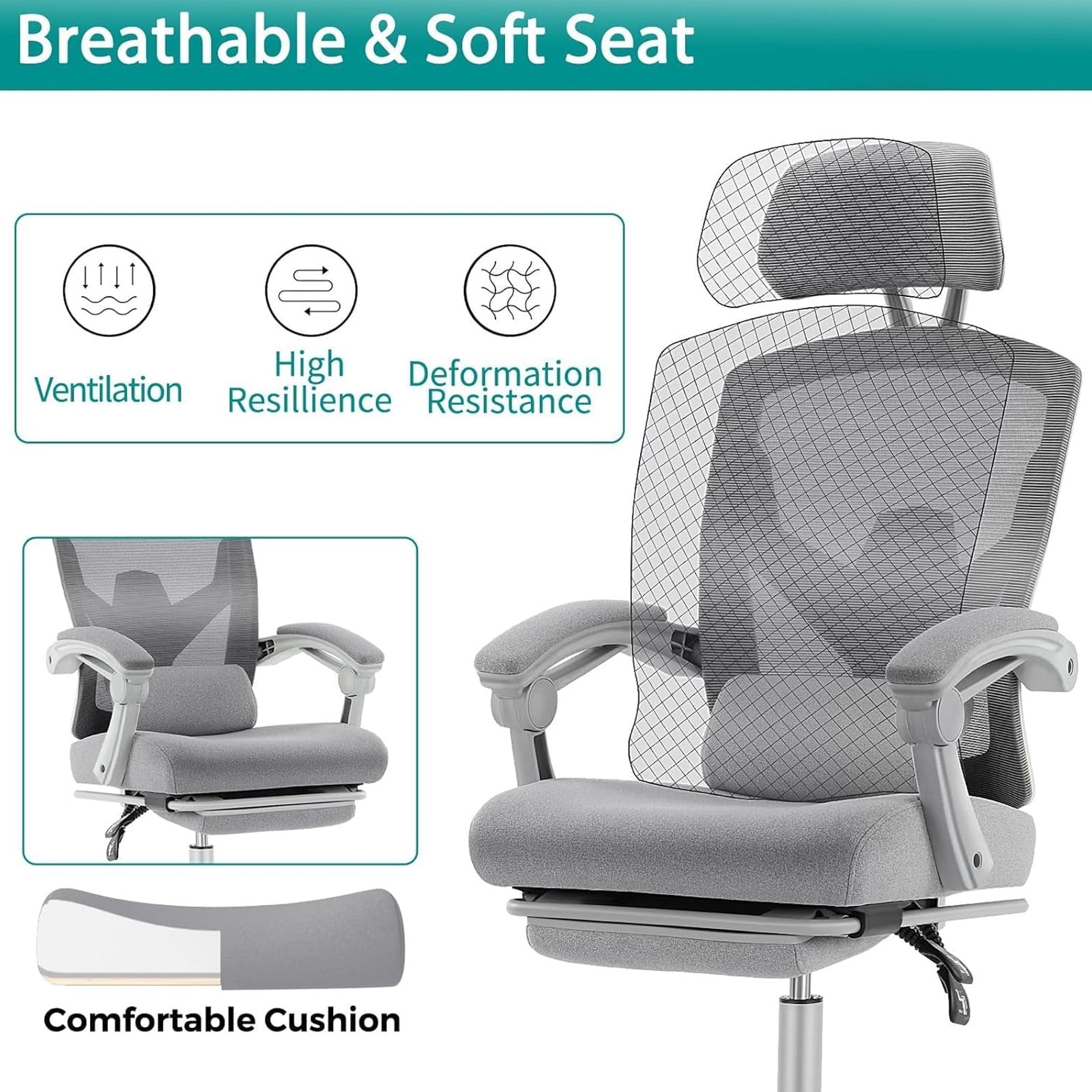 Casabay Ergonomic Home Office Desk Chair, High Back Mesh Reclining Swivel Chair with Footrest & Armrest for Back Pain Relief, Gray