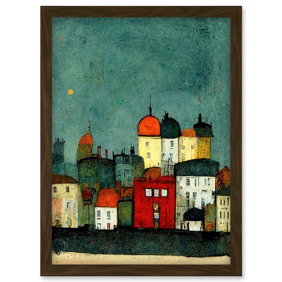 Playful Town Skyline Scene At Night With Pastels And Ink Artwork Framed Wall Art Print A4
