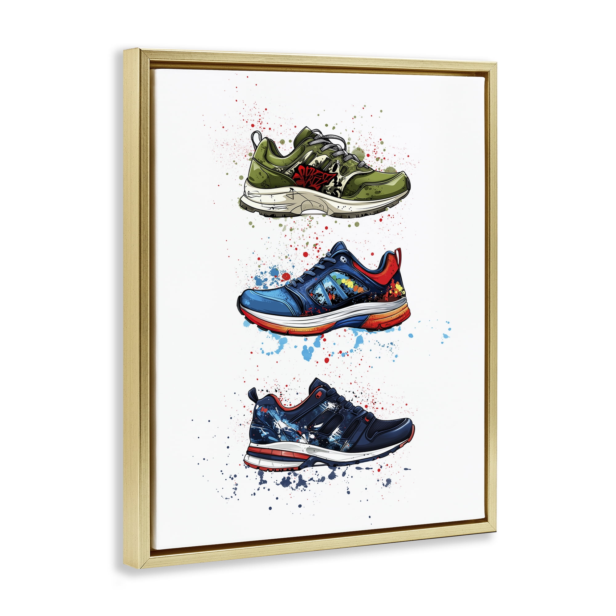Modern Spray Sneakers Gold Framed Floater Canvas Wall Art, design by Christine Simpson Art