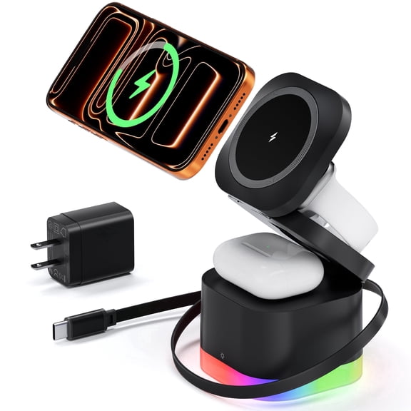 Imego 5-in-1 Magnetic Wireless Charging Stand, Foldable Charger for iPhone Apple Watch AirPods Black