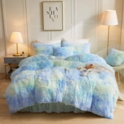 LIFEREVO 3 Pieces Luxury Shaggy Faux Fur Duvet Cover Set Soft Fluffy Fuzzy Comforter Cover Set Marble Print Furry Bedding,1 Long Plush Duvet Cover+2 Pillow Covers,Zipper Closure,Rainbow Blue,Twin