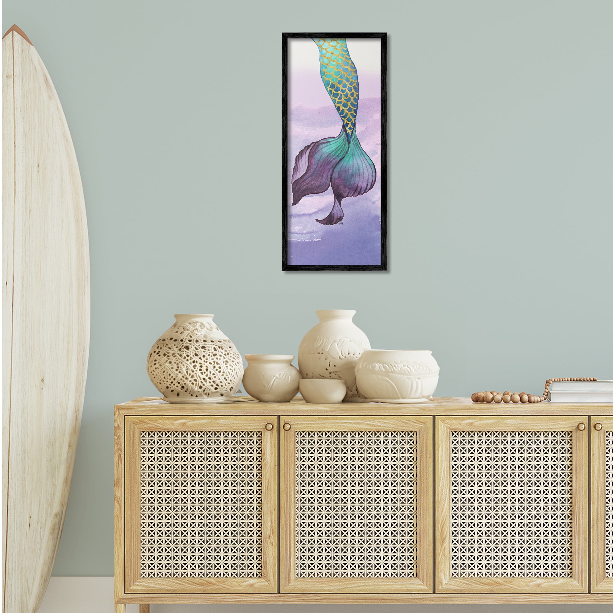 Stupell Industries Glam Accent Mermaid Tail Fairy Tales & Fantasy Painting Black Framed Art Print Wall Art, 13 x 30