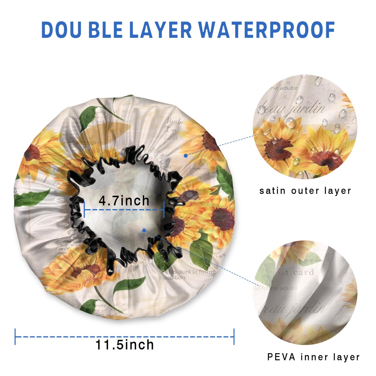 Shower Caps,Leaf Newspaper Text Sunflower Pattern Waterproof Shower Cap for Women 4 Pieces,Double Reusable Hair Cover for Shower PEVA Elastic Stretch Hem