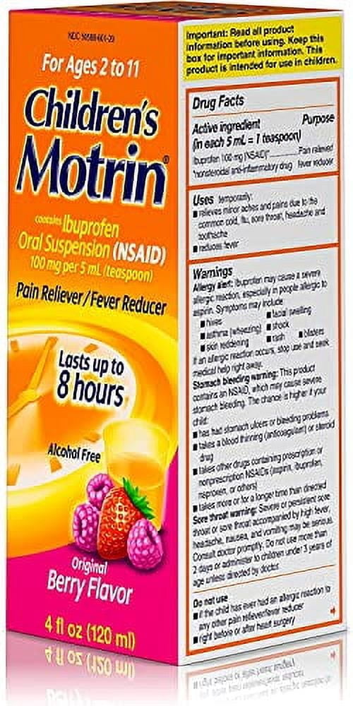 Children Motrin Dye-Free Pain & Fever Reducer, Original Berry, 4oz, 6-Pack