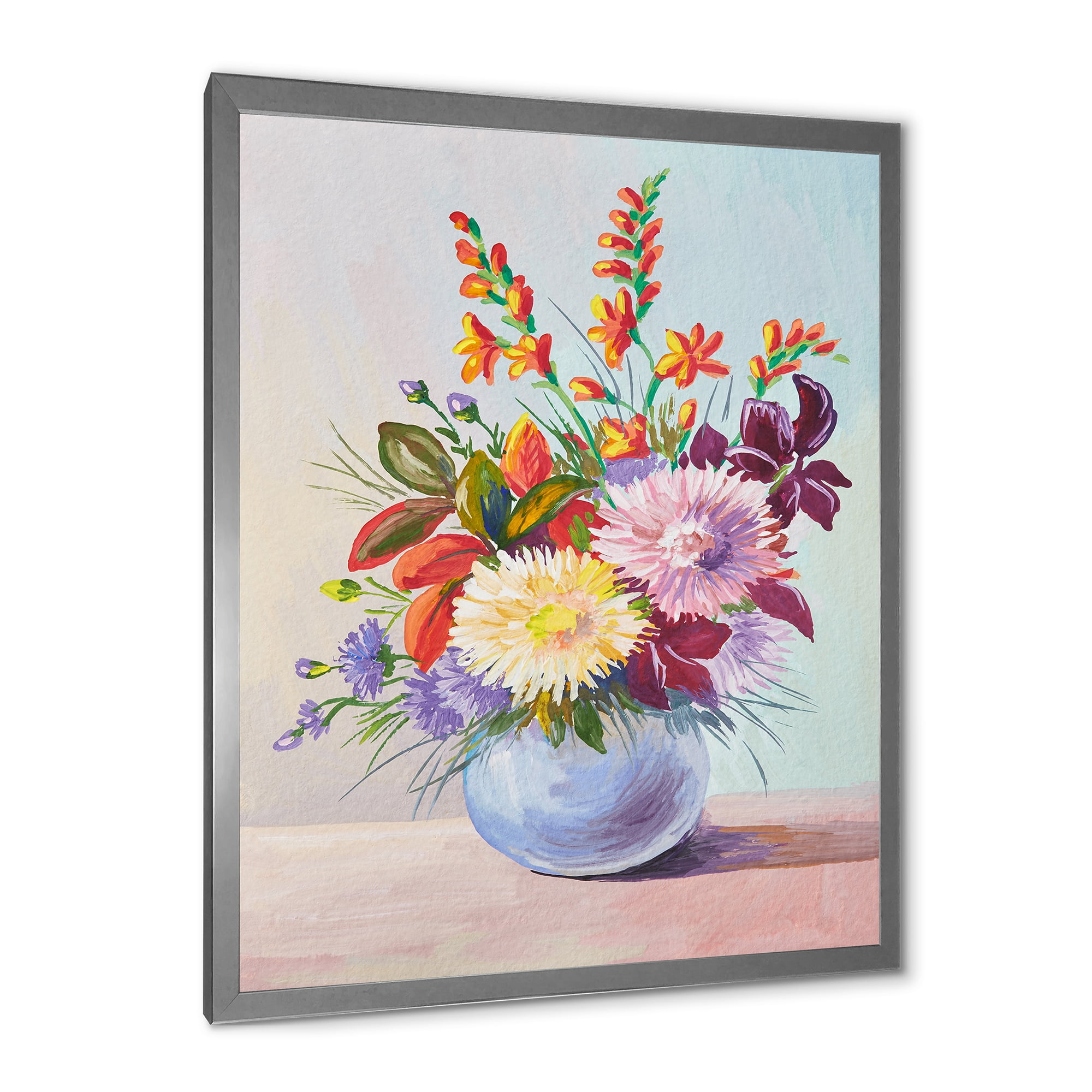Designart 'Still Life With Asters On Colorful Flowers In Vase' Traditional Framed Art Print