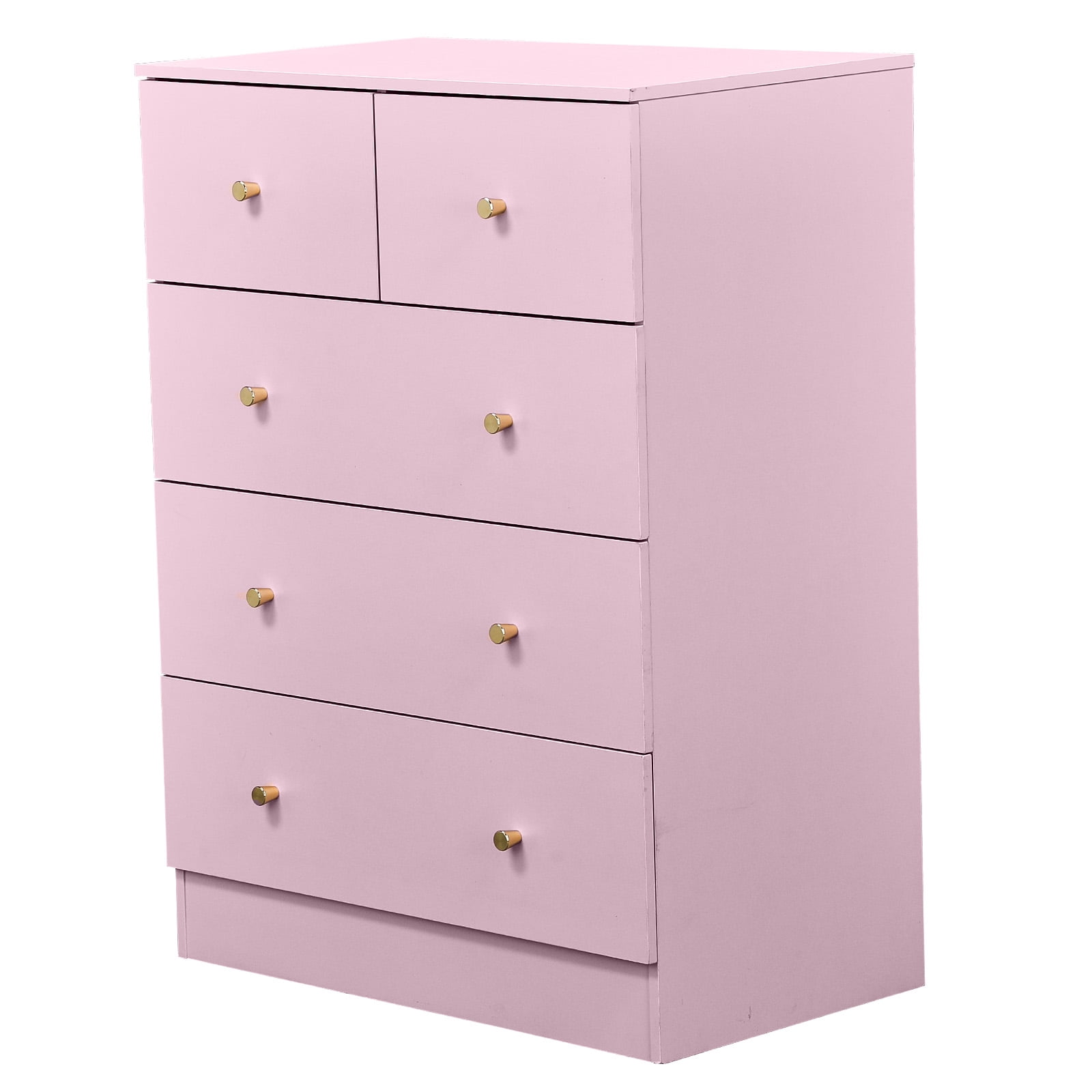 Modern Pink Drawer Cabinet with Matte Gold Handles, 5-Drawer Storage Organizer, Textured Linen-Laminate Flakeboard Cabinet for Home Office Bedroom Entryway