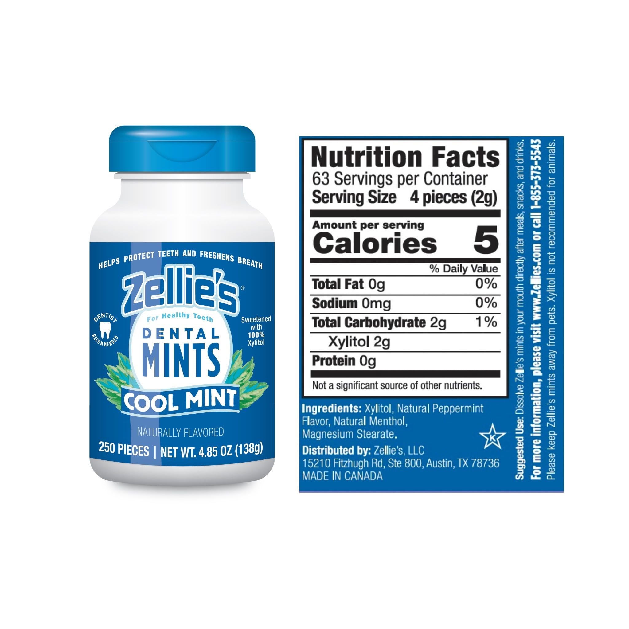 Zellie's Cool Mint Xylitol Candy Mints Jar, 250 Ct for