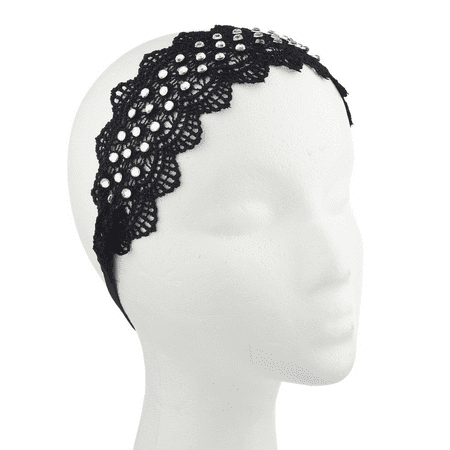 Bare Feet Embroidered Headband - Lux Accessories Black Broad Embroidered Lace and Crystal Stone Headwrap Headband