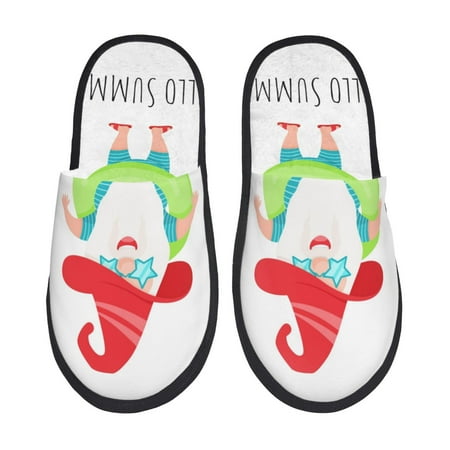 Balery Hello Summer Gnome 2 Slient Indoor Furry Fleece Comfort House Shoes Soft Non-Slip Home Shoes Cotton slippers House Slippers-- Large