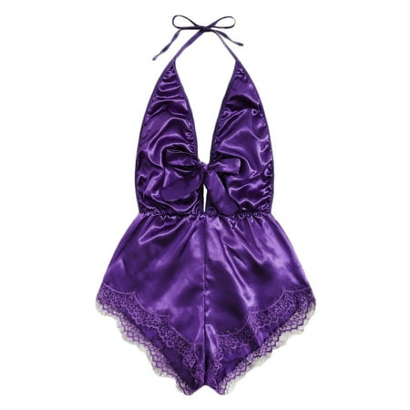 

Noarlalf underwear women Women V-Neck Lace Stain Bow Lingerie Bodysuit Sleepwear Pajamas Silk Jumpsuit jumpsuits for women