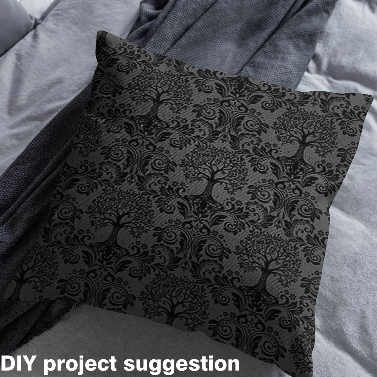 Manfei Hippie Tree of Life Sewing & Crafting Fabric (3 Yards), Victorian Damask Blossoms Home Decor Fabric by the Yard, Gray and Black DIY Fabric