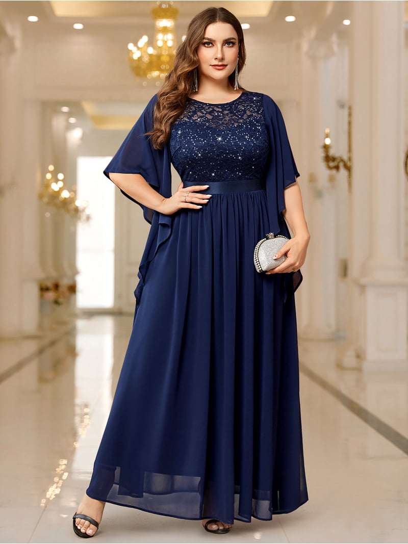 miusol lace dress Contrast Floral Lace Chiffon Ruffle Hem Formal Party Long Dress Miusol
