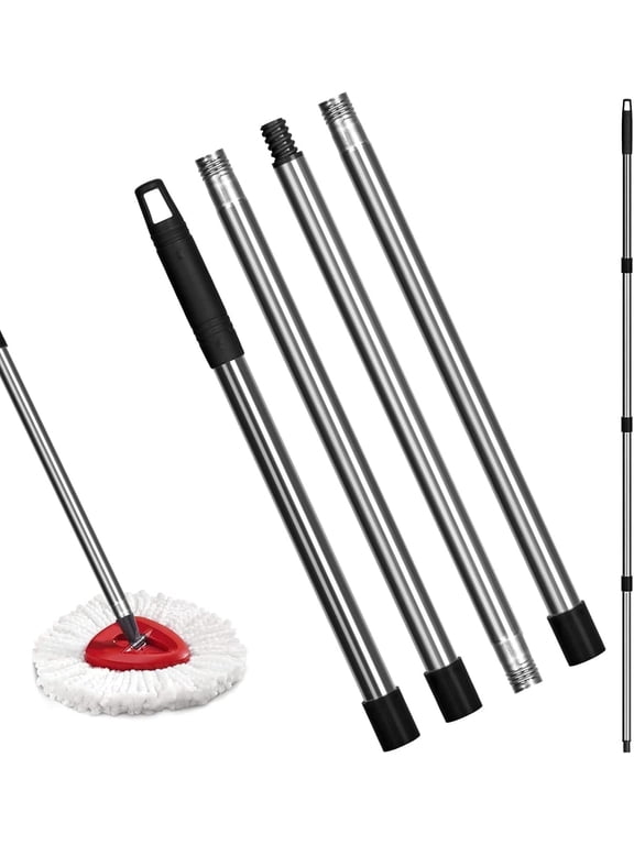 Cleaner Connecting Rod, 58 Dia x 58 in Metal Tip, Threaded Stainless Steel Spin Mop Handle, 4-Count Box Set with Connecting Rod, Extends to 60 in, Black